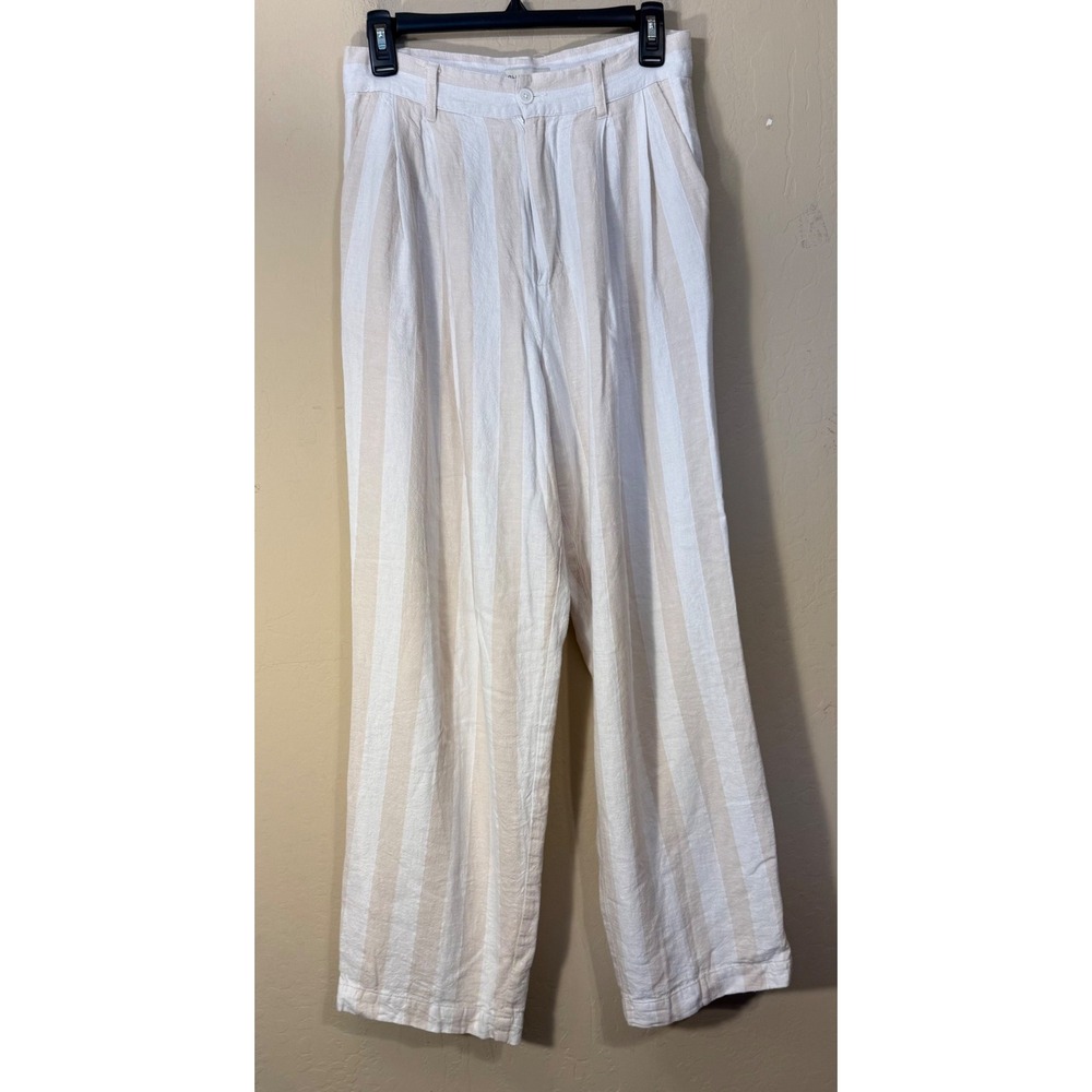 Oliver Logan Wide Leg Pants‎ Women 27 White Beige Striped Linen Blend Pleated
